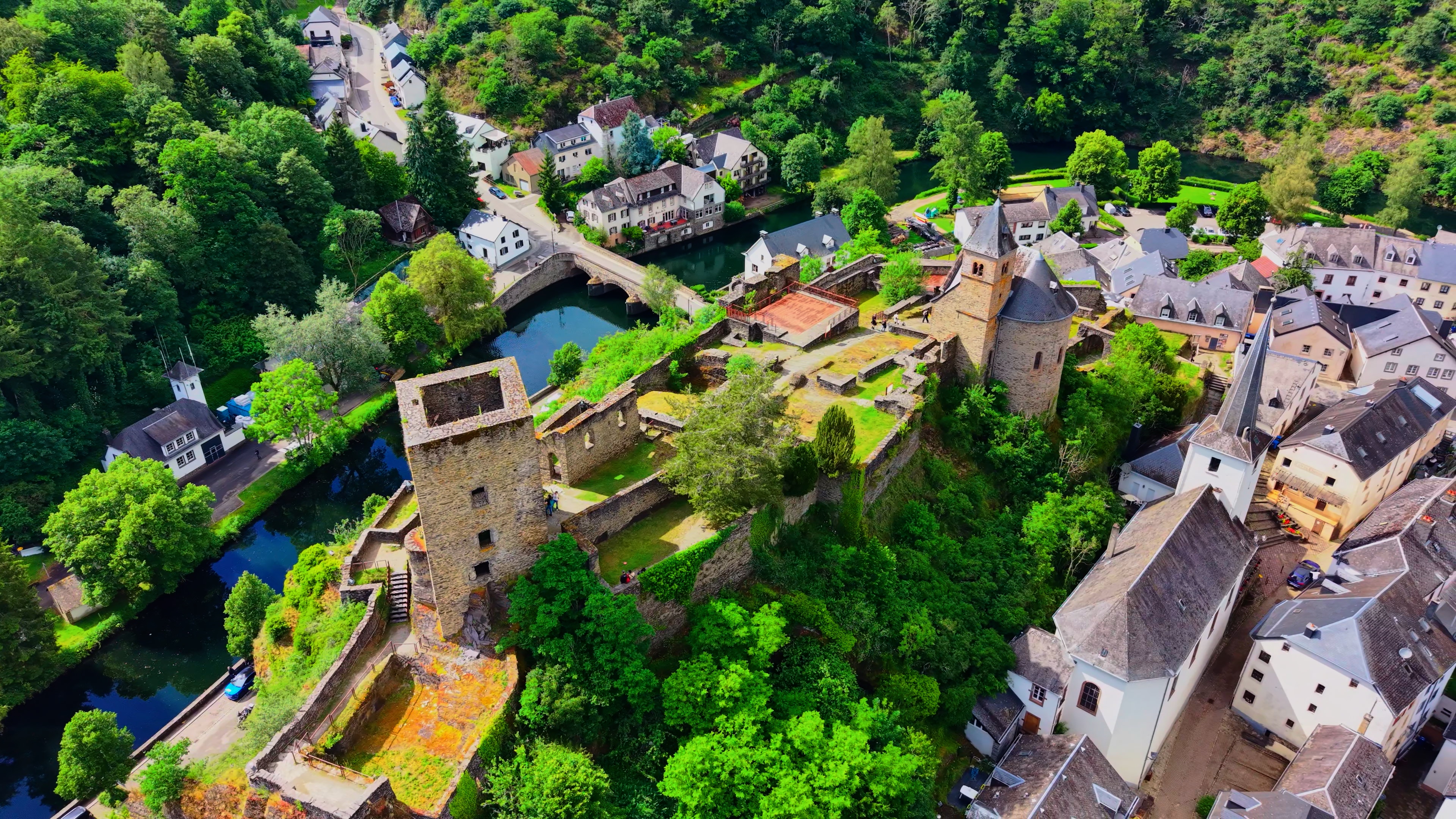 Twelfth-century keep at Esch-sur-Sûre from low altitude