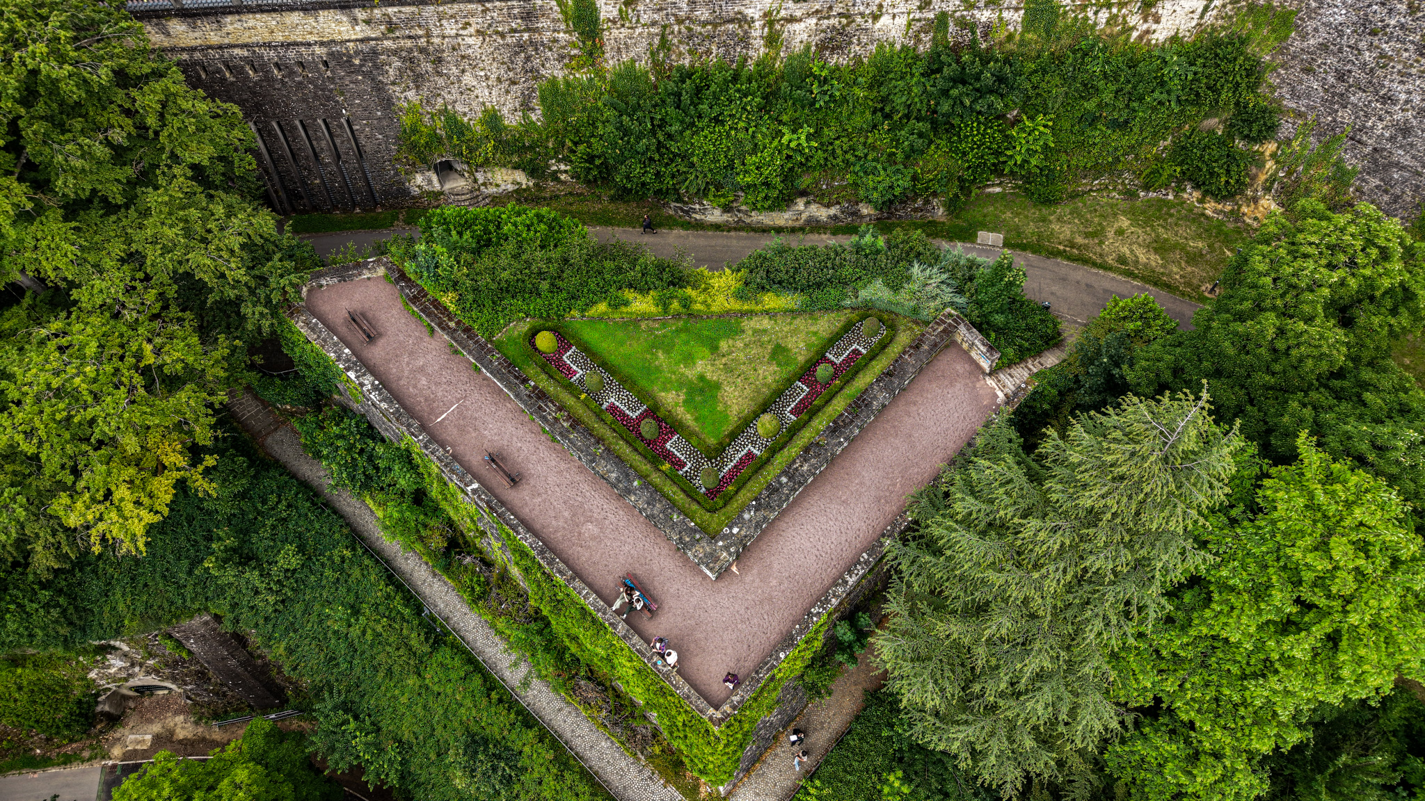 Bastion garden in Luxembourg City fortifications, nadir view
